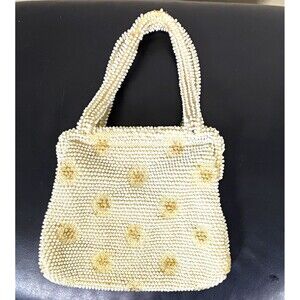 Vintage Style Ivory White Beaded Evening Purse Gold Floral Bridal Handbag